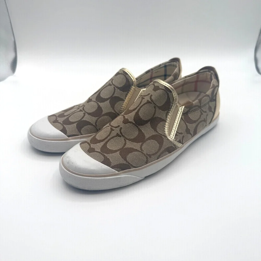 Coach Beale Slip On Sneakers Womens 10 Brown Gold Signature Monogram Shoe Y2K